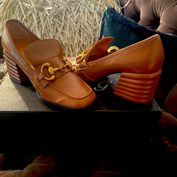 Brown Leather Loafers with Gold Buckle - Picture 1 of 6